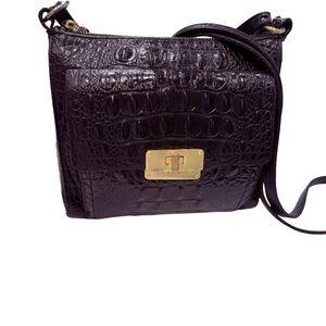 Brahmin Women’s Black Leather Crossbody Bag Croc Embossed Gold Hdwr
